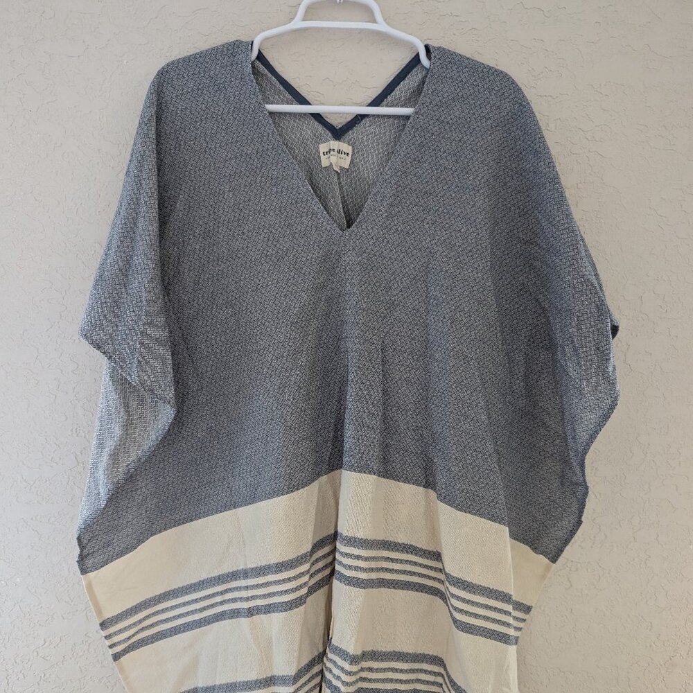 Tribe Alive Caftan Cotton Coverup Poncho Blue One Size OS Tassels Handmade India